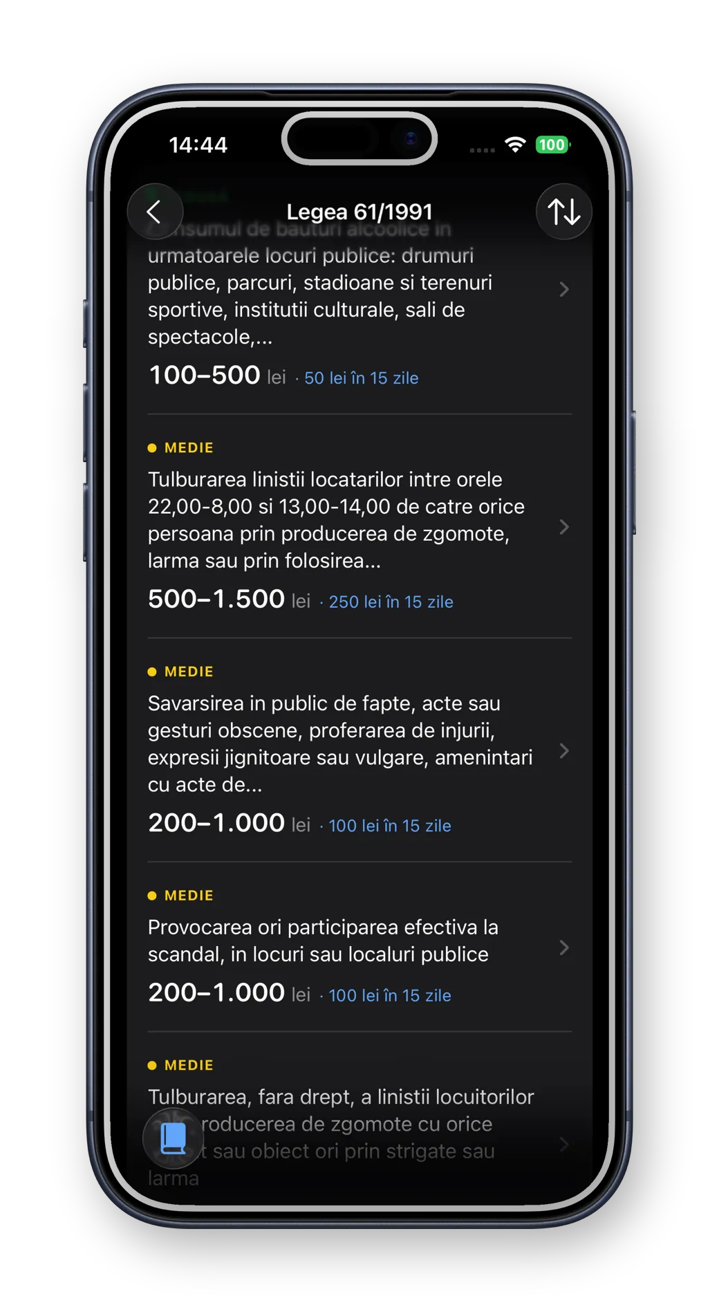 Lista contravențiilor din Legea 61/1991: fiecare faptă cu gravitatea, intervalul amenzii și suma redusă la plata în 15 zile.